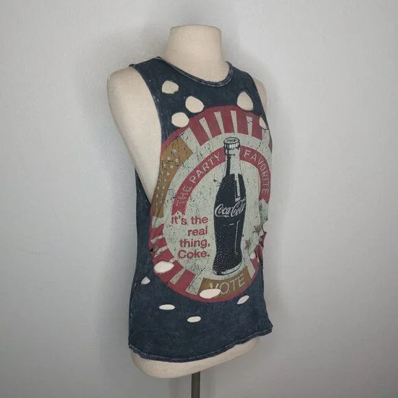 Coca Cola Womens Tank Top Small The Classic Grey Distressed Holes Party Favorite - Picture 9 of 12